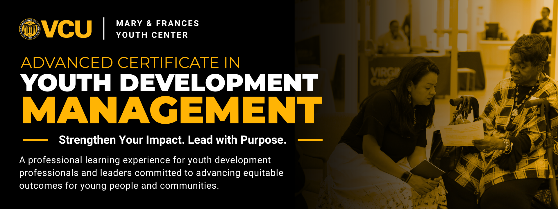 Wide promotional banner for the VCU Mary & Frances Youth Center’s Advanced Certificate in Youth Development Management Statewide Retreat.